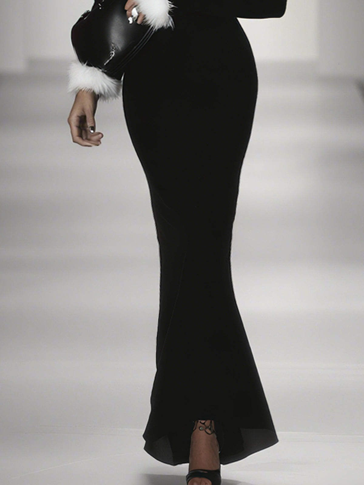 Black Velvet Solid Contrast Faux Fur Trim Off Shoulder Long Sleeve Maxi Dress