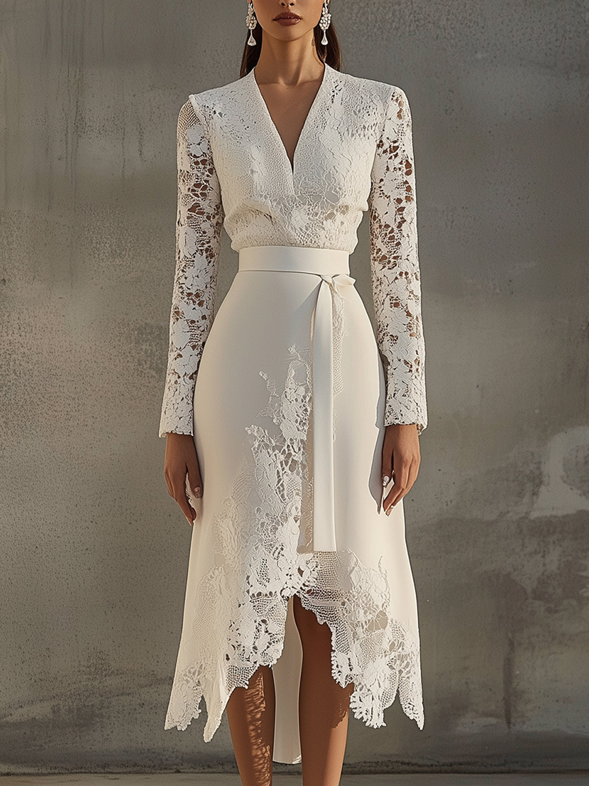 Ivory Lace V-Neck Long Sleeve Midi Dress