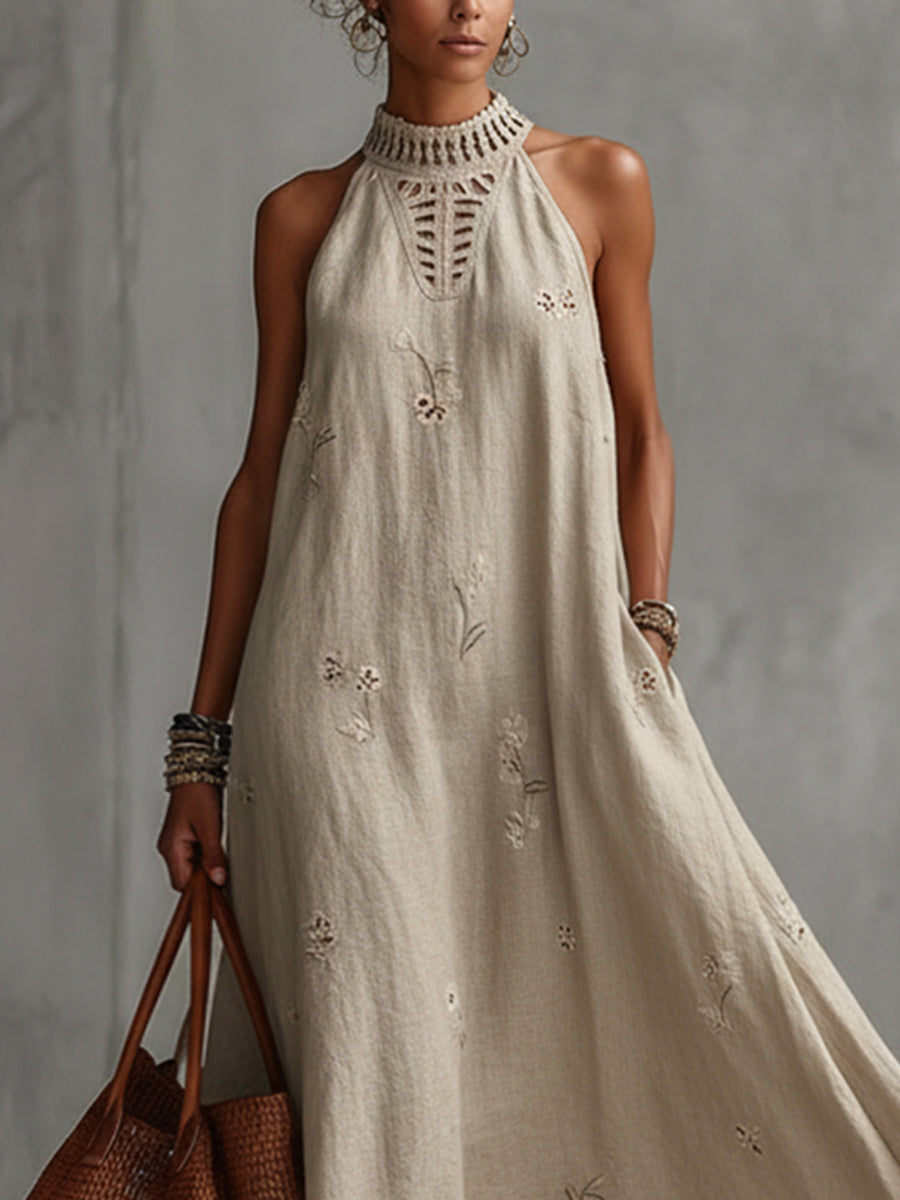 Beige Linen Blend Embroidered Hollow Out Maxi Dress