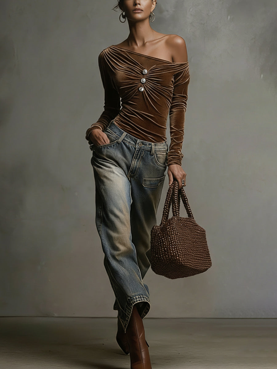 Chocolate Velvet Ruched Long Sleeve Top With Silver Button