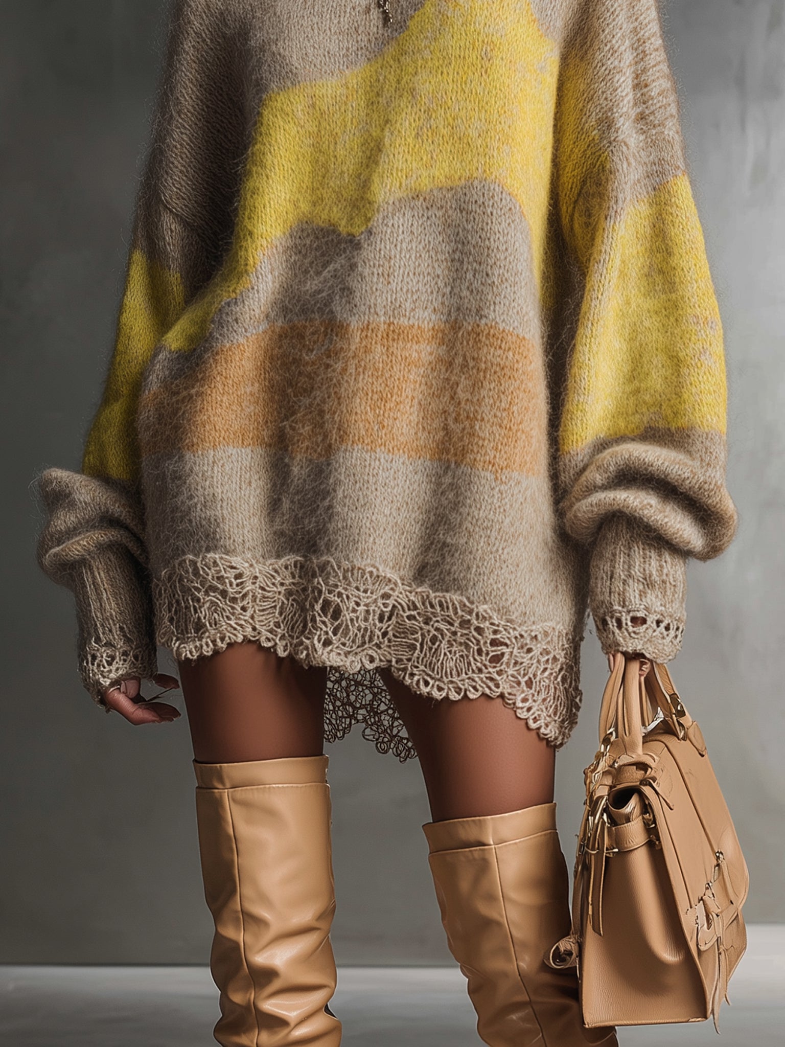 Beige Knit Long Sleeve Mini Dress With Lace Hem