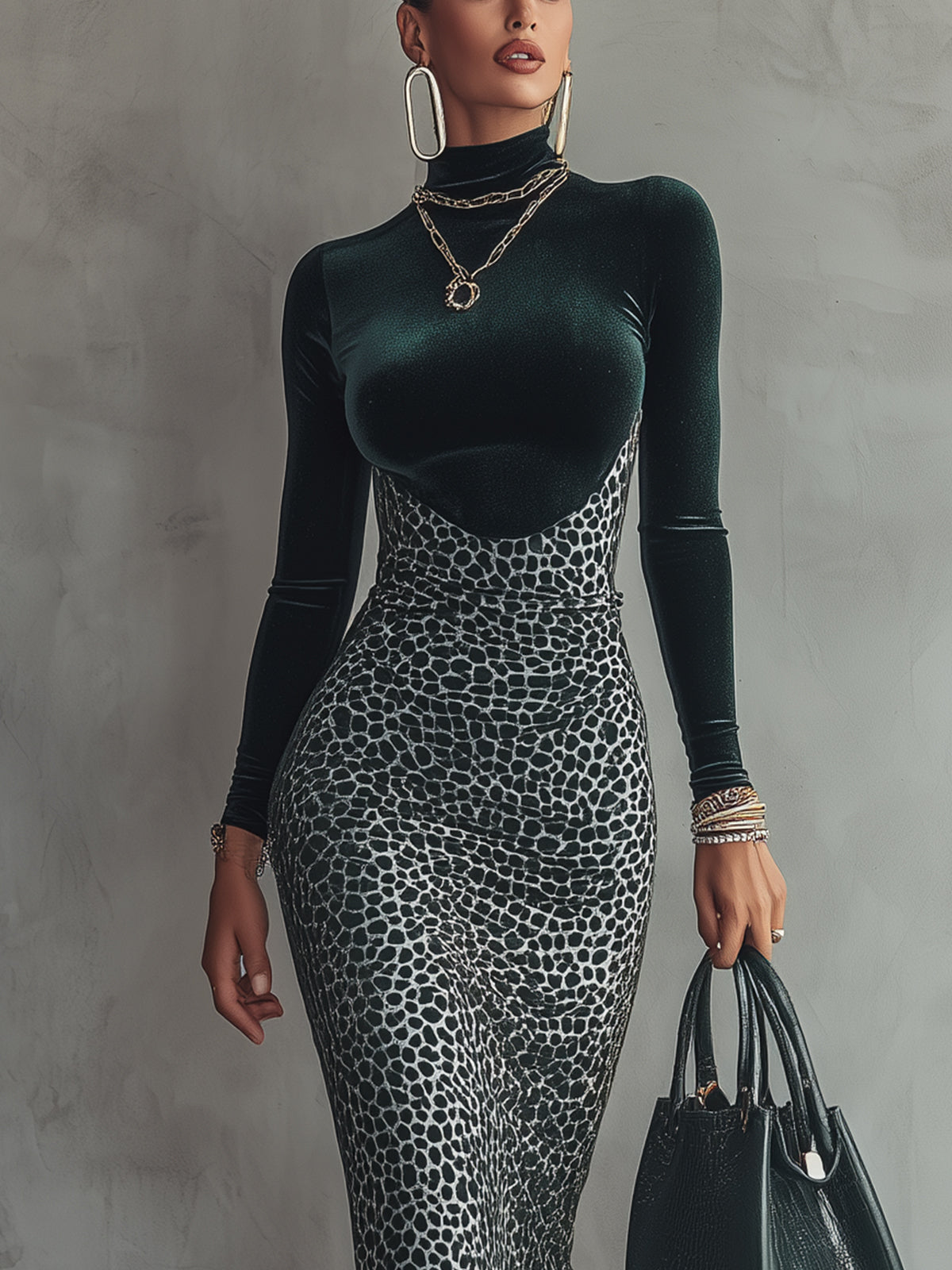 Green Velvet And ALeopard Print Midi Dress With High Neck