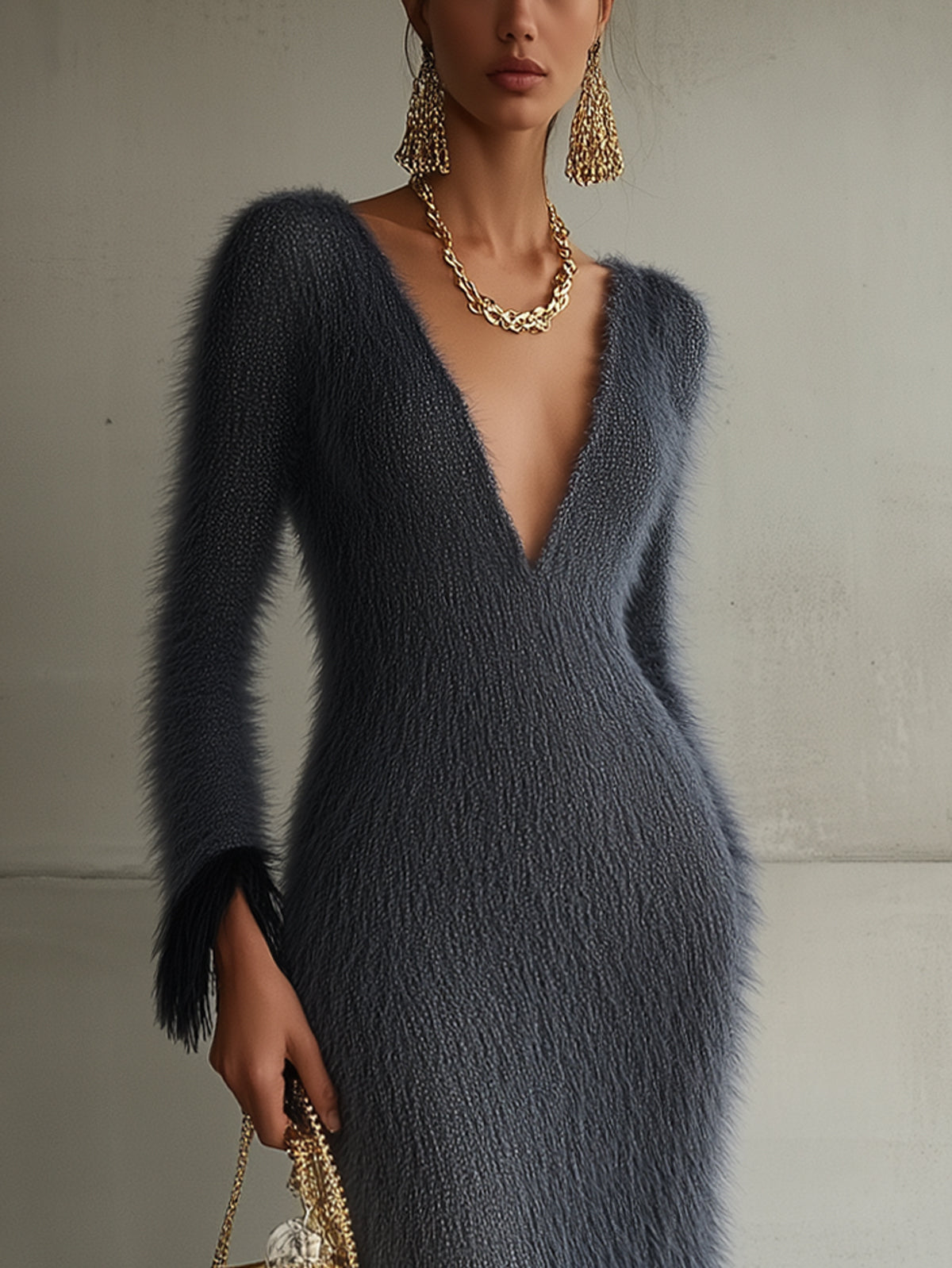 Gray Plush Knit Ombre Textured Deep V-Neck Long-Sleeved Midi Dress