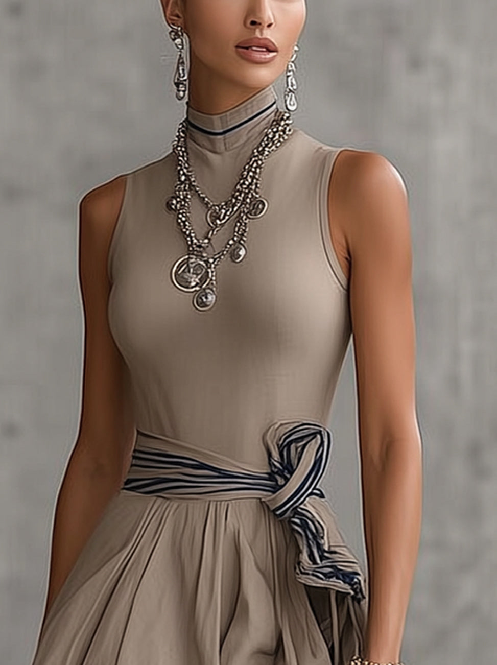 Brown Sleeveless Turtleneck Belted Flowy Midi Dress