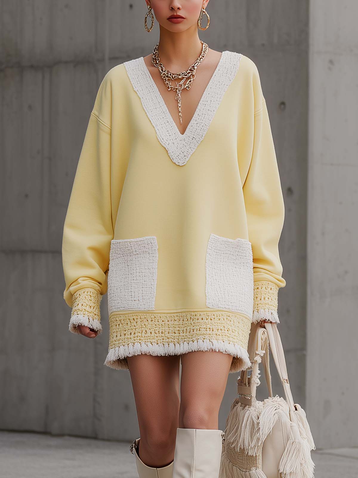 Yellow Blended Tweed V-neck Crochet Hem Tassel Dress