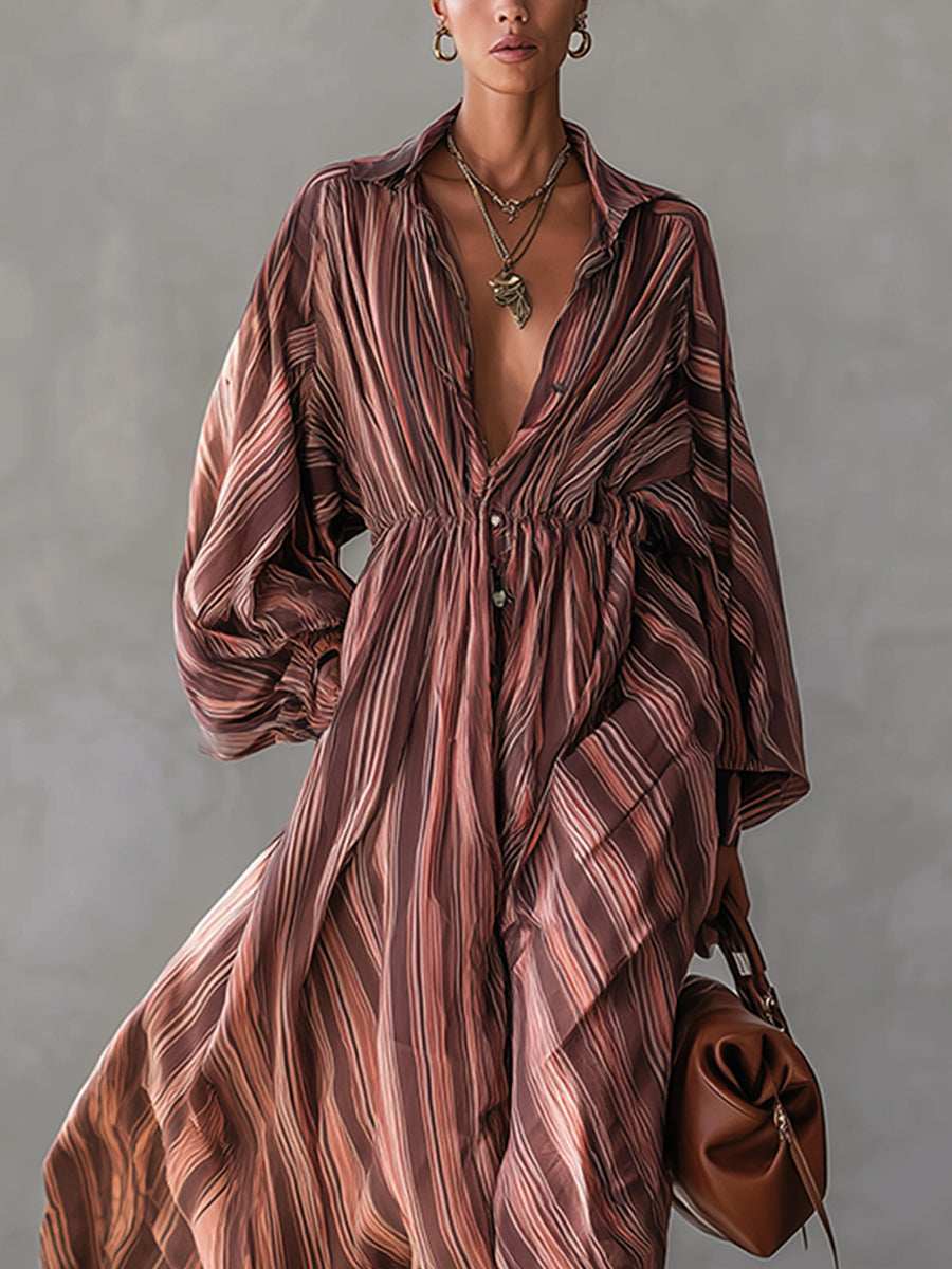 Pink Striped Cotton Linen Maxi Dress