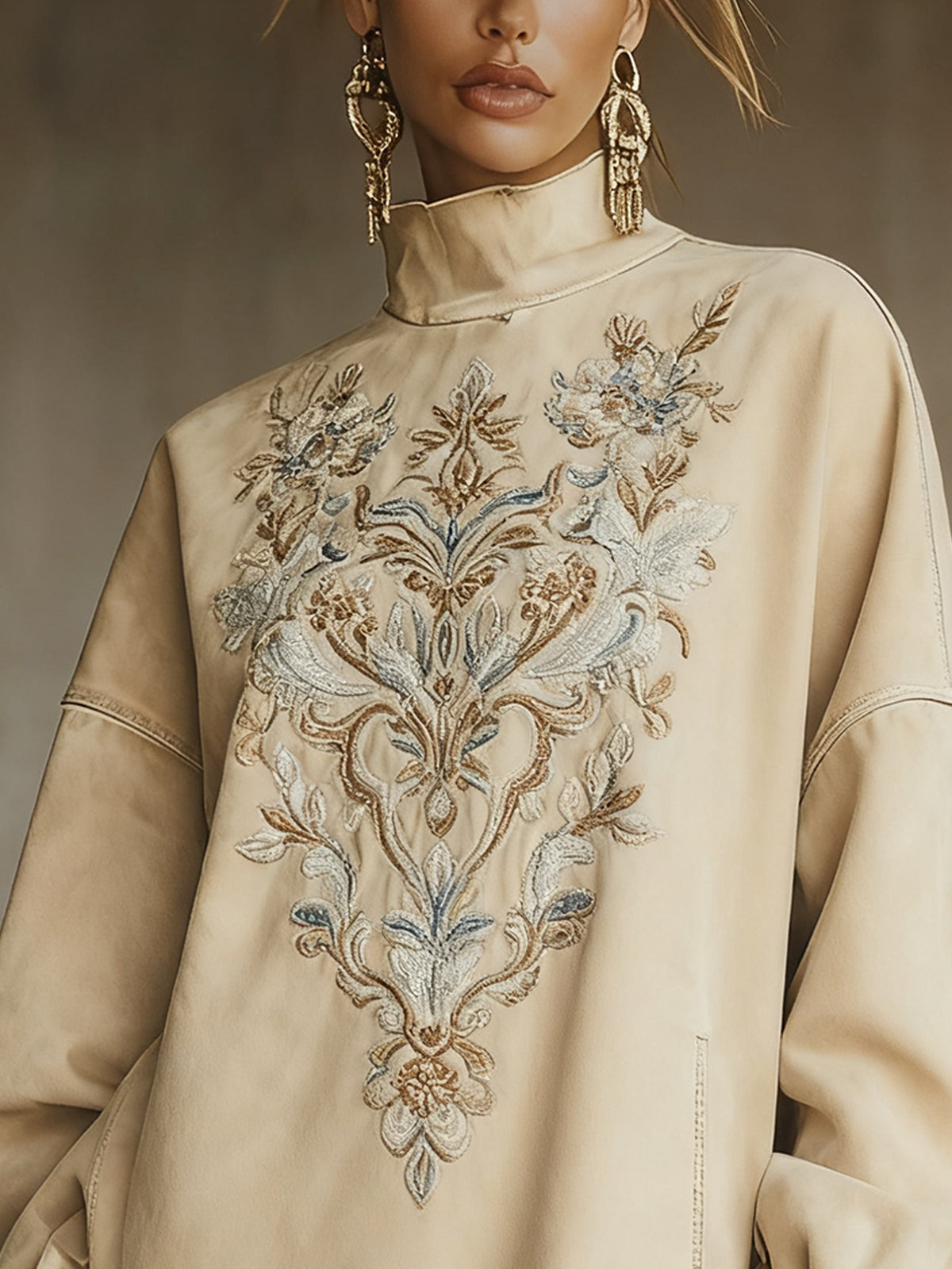 Beige Faux Suede Embroidered Mini Dress With Fringe Hem