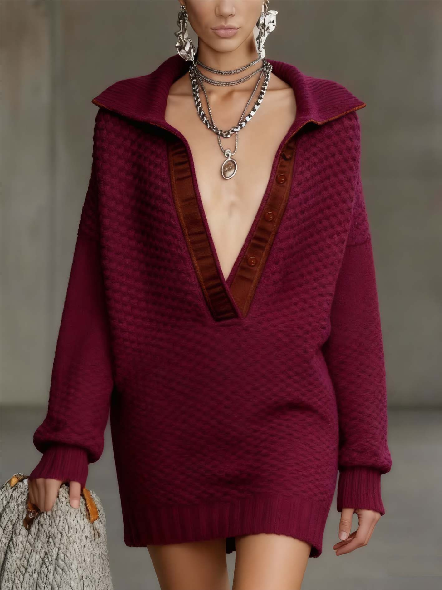 Rose Pink Knitted Mini Dress With Lapel