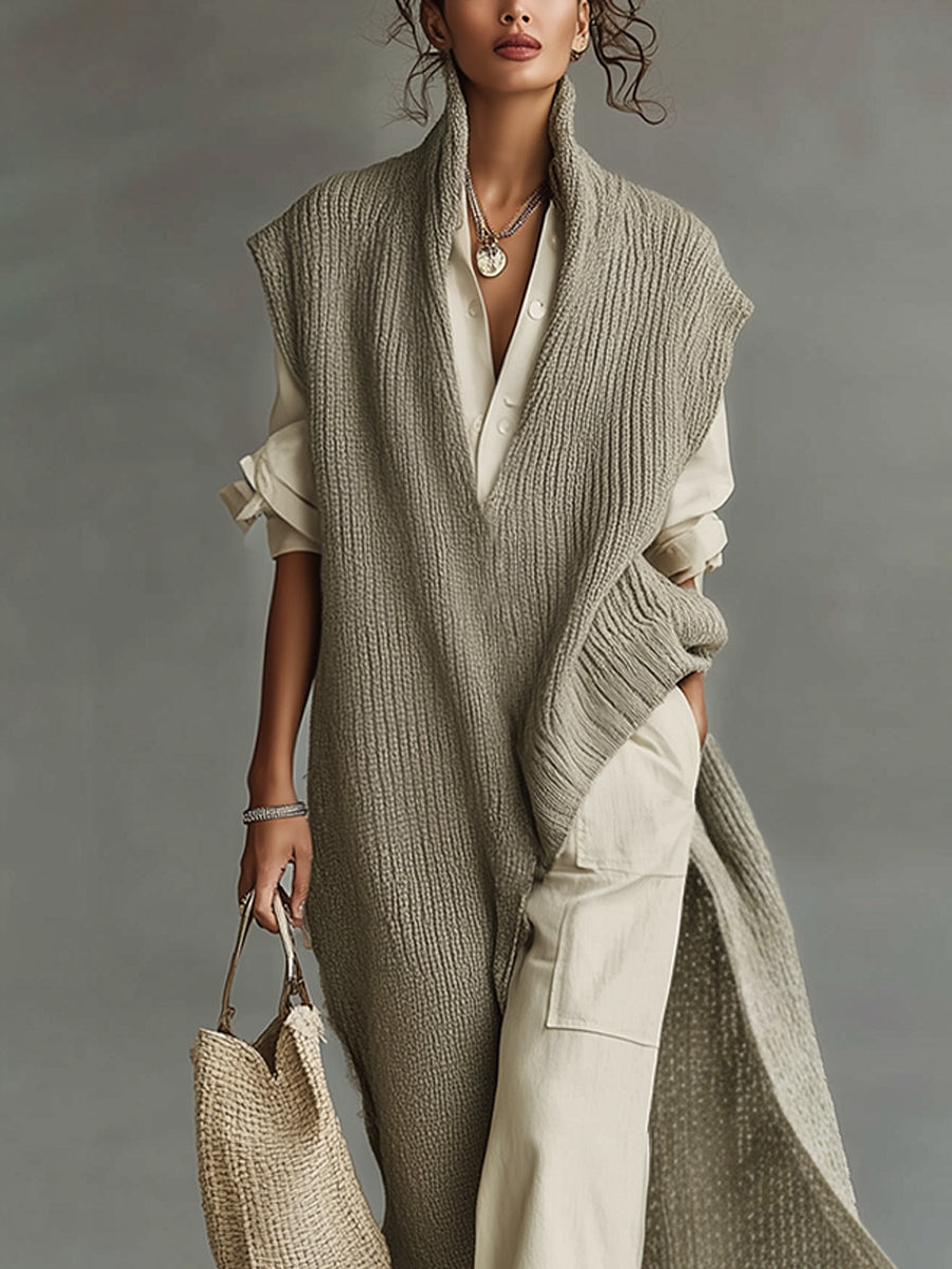 Green Loose Knit Deep V-Neck Lace Maxi Dress