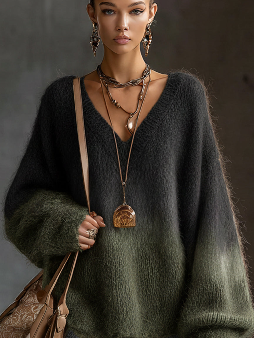 Green Ombre Knit Lace Trim Long Sleeve Mini Dress