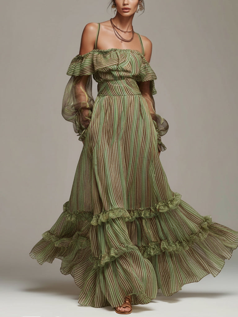 Green Striped Chiffon Off Shoulder Maxi Dress