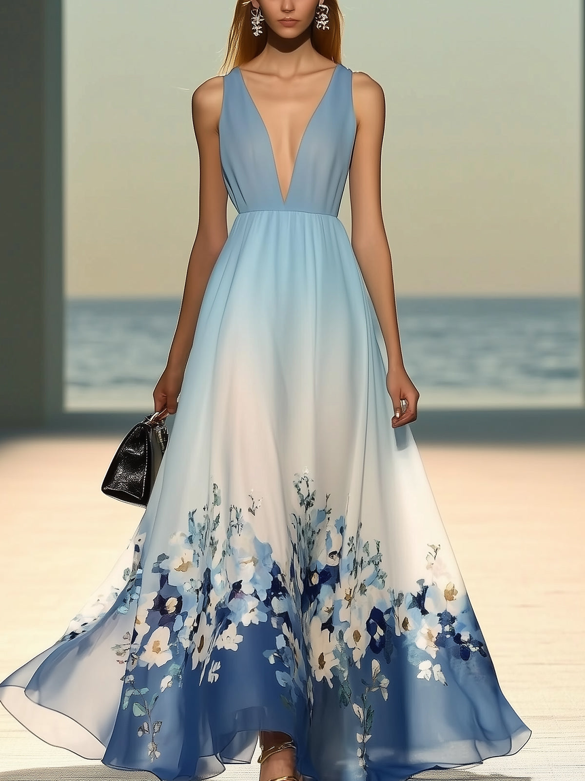 Trendy Ombre Floral Print Chiffon Maxi Dress