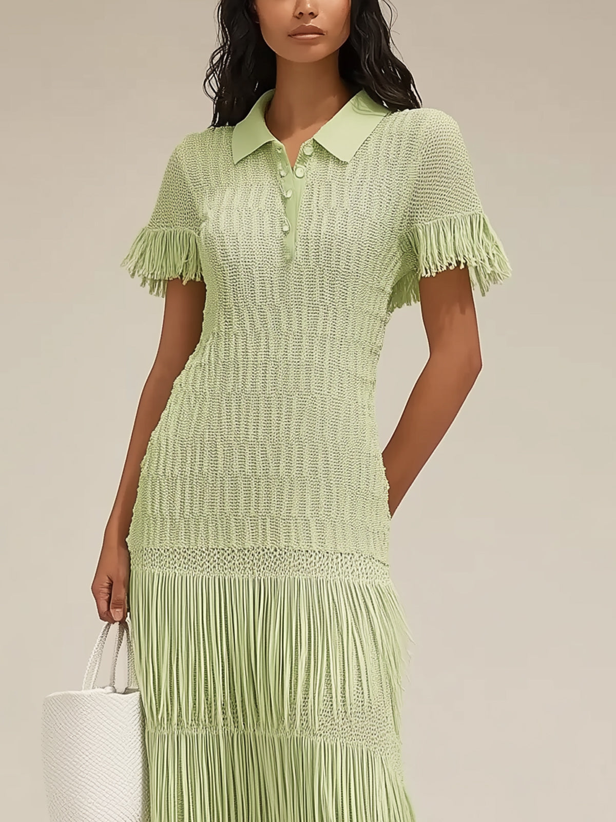 Light Green Knit Maxi Dress With Fringe Trim