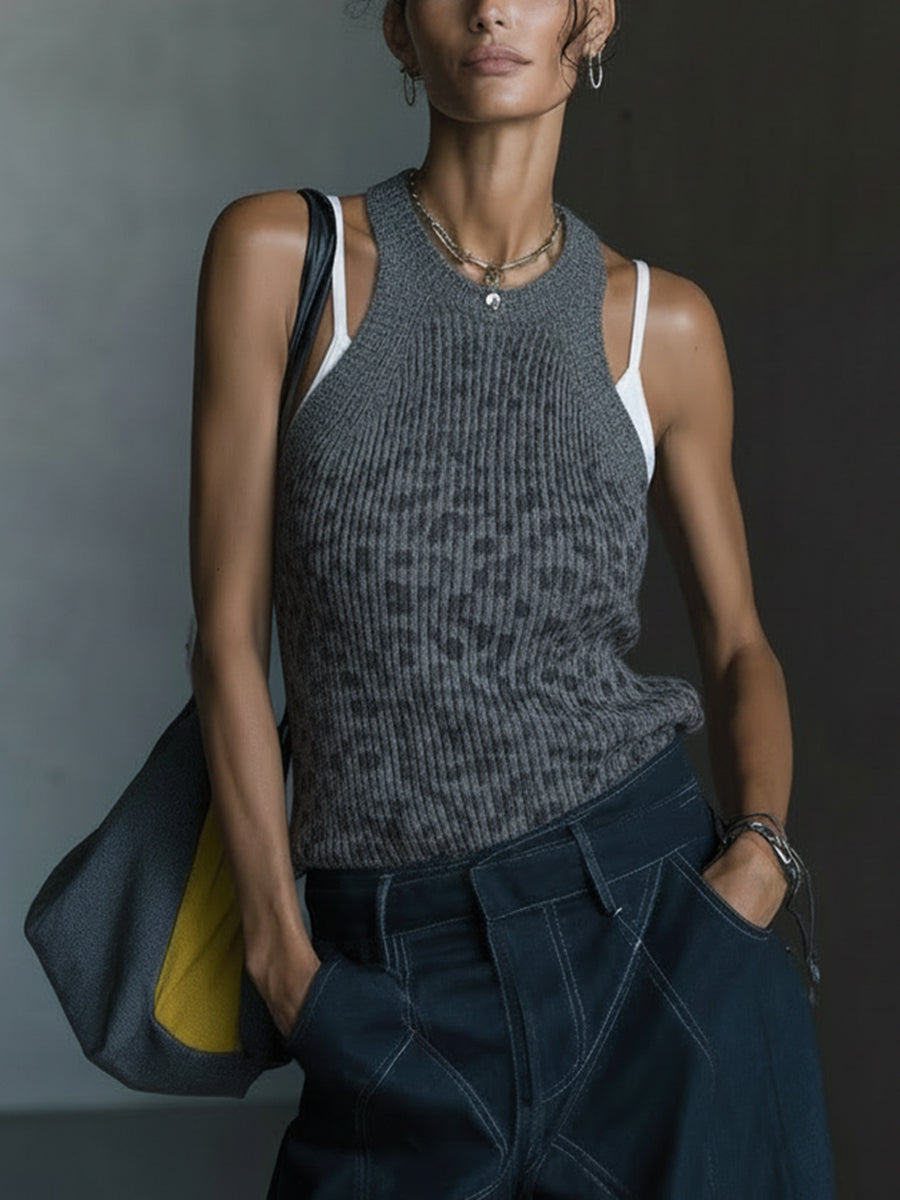 Gray Faux Two Piece Leopard Print Knit Tank
