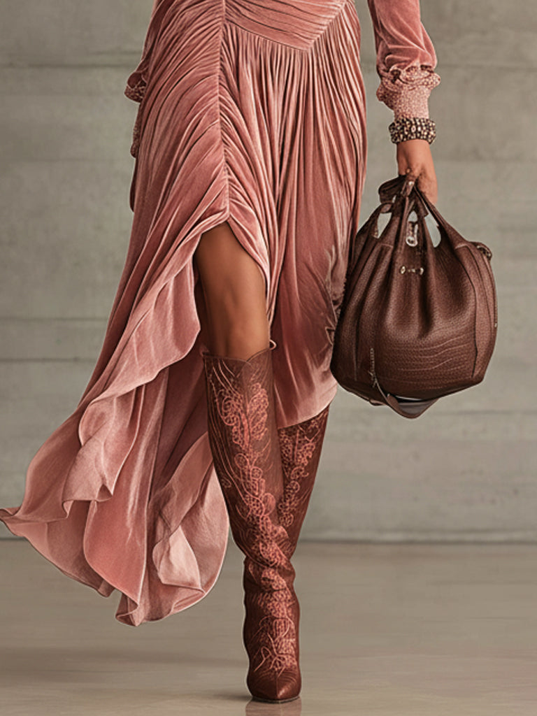 Pink Velvet Ruched Asymmetric Hem Long Sleeve Maxi Dress
