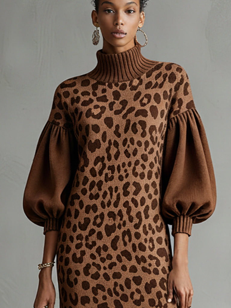 Brown Leopard Print High Neck Knit Mini Dress With Puff Sleeves And Ruffled Lace Hem