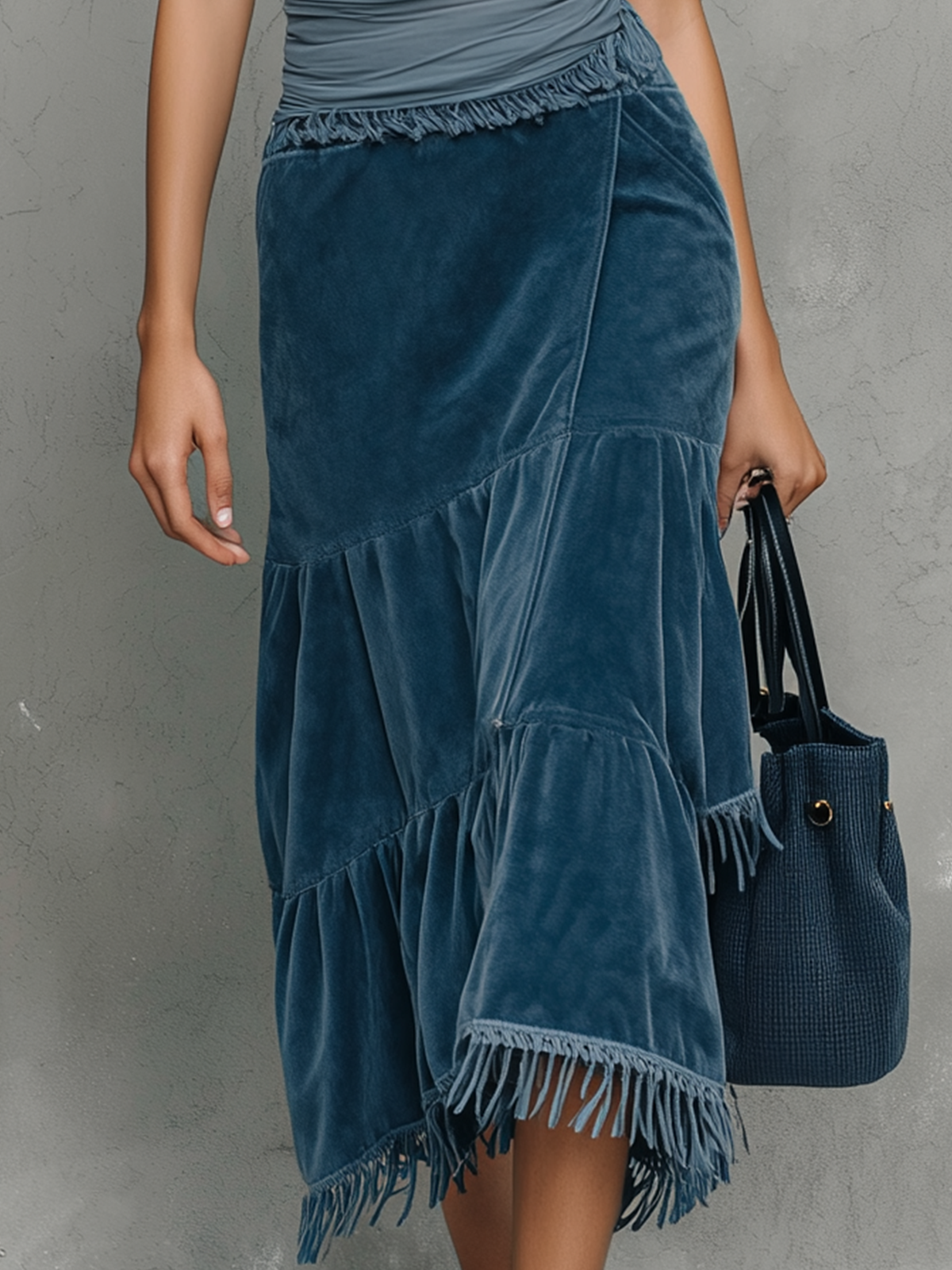 Blue Ruched Halter Top And Velvet Fringe Midi Dress