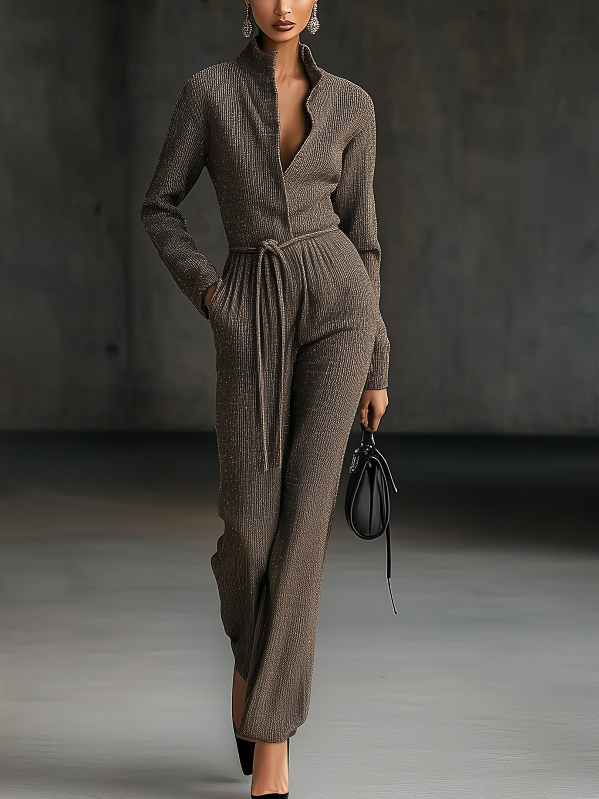 Gray Ribbed Knit Belted High Neck Jumpsuit