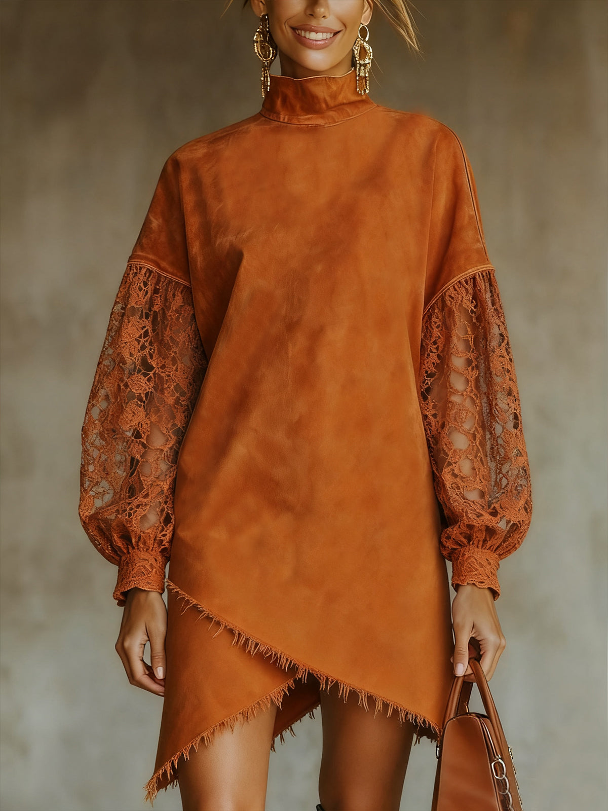 Orange Faux Suede Mini Dress With Lace Sleeves And Irregular Hem