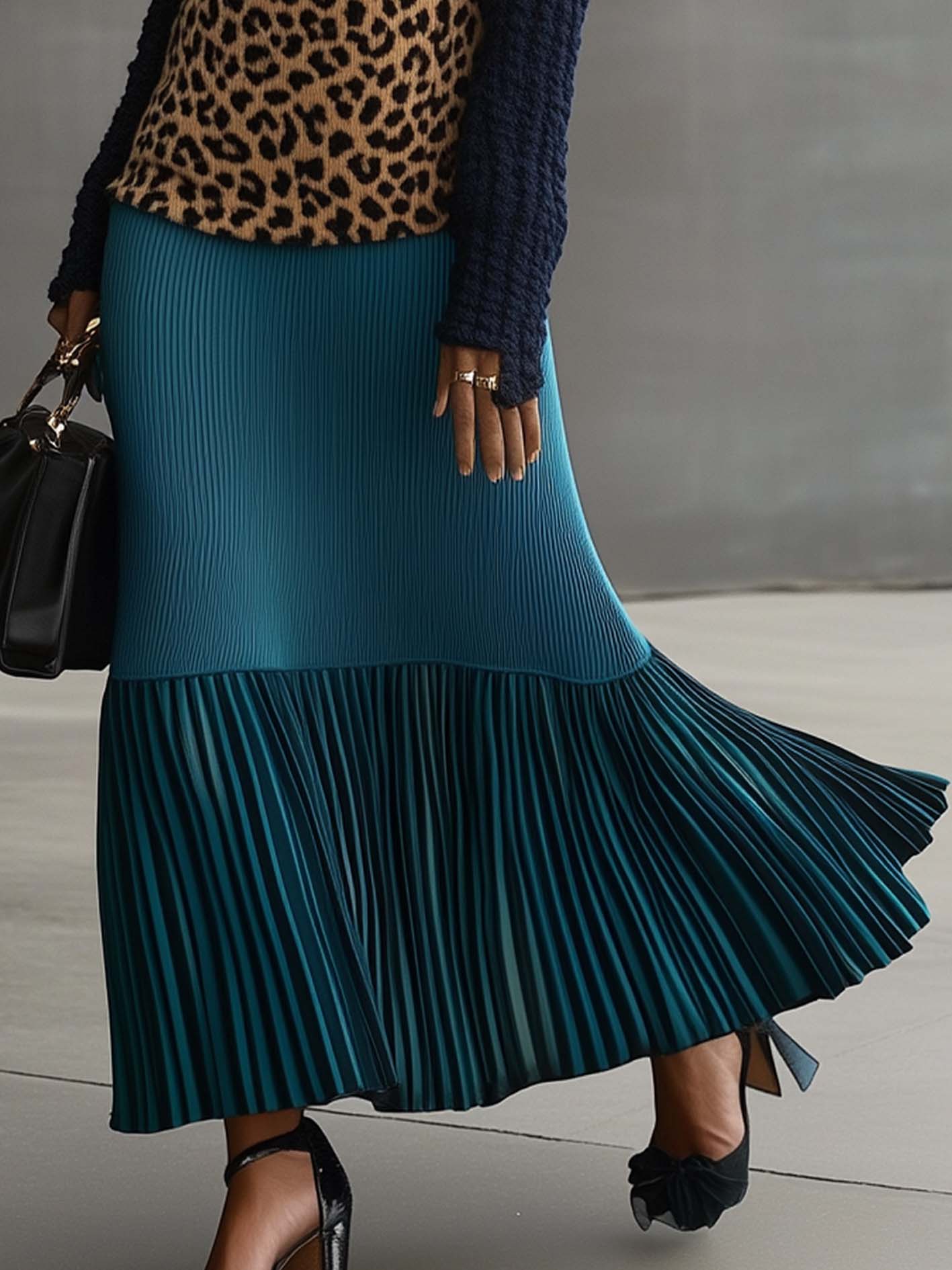 Dark Blue Knitted Maxi Dress With Leopard Print And Cyan Bottom