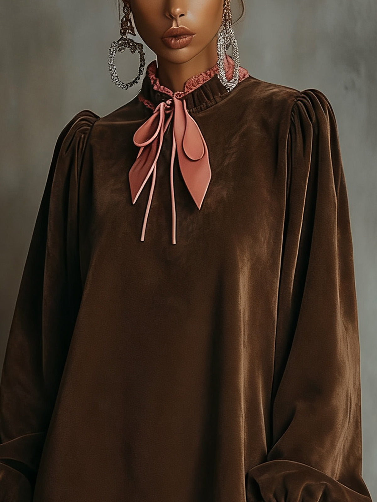Chocolate Velvet Dress With Pink Ruffle Trim