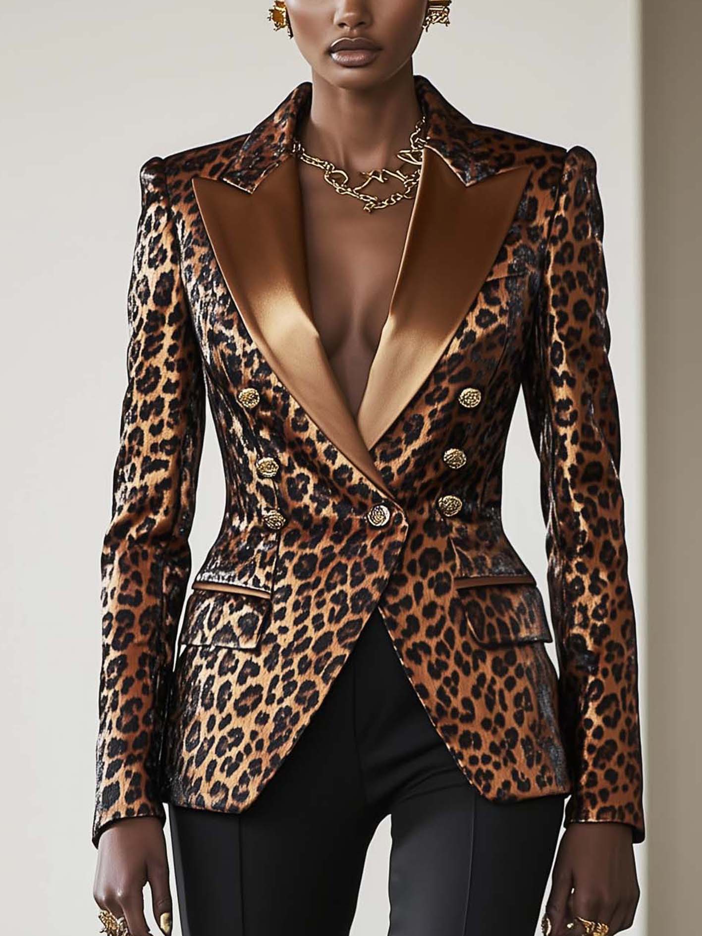 Double-breasted Brown Satin Blazer With Leopard Print