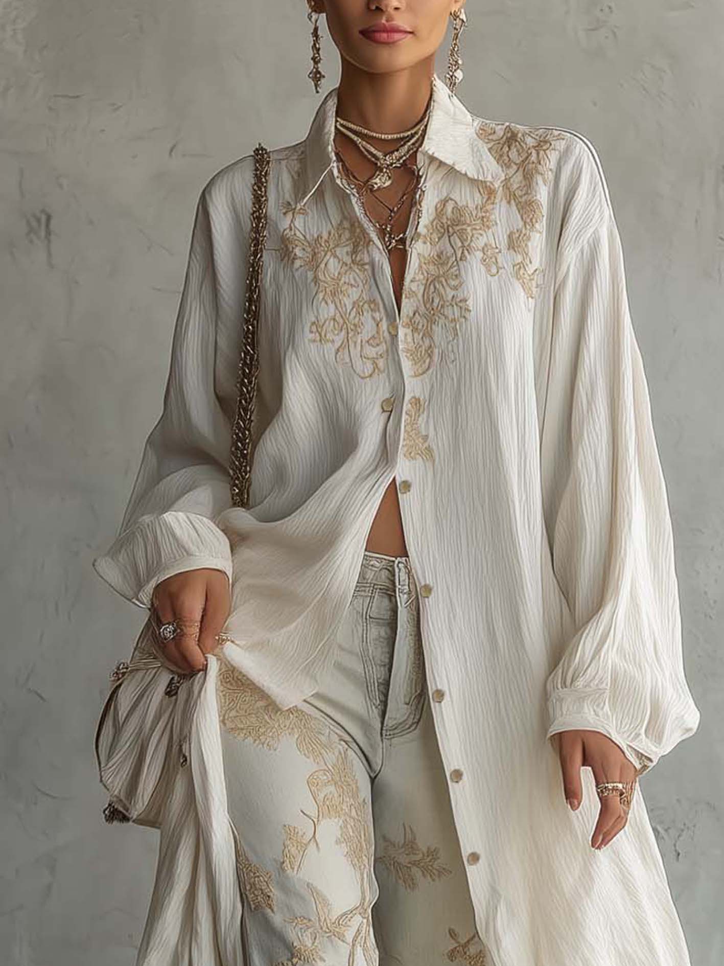 White Cotton Linen Embroidered Maxi Shirt Dress
