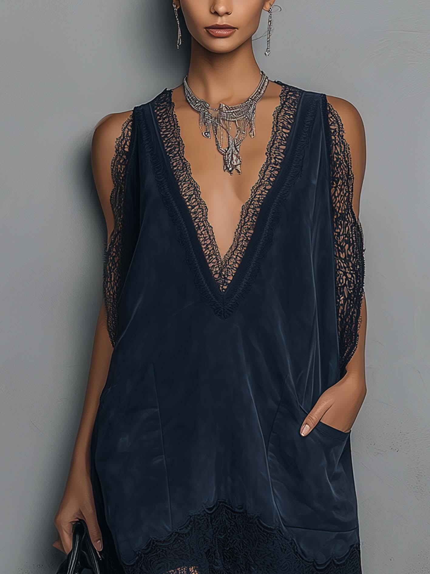 Navy Faux Suede Lace Trim Mini Dress