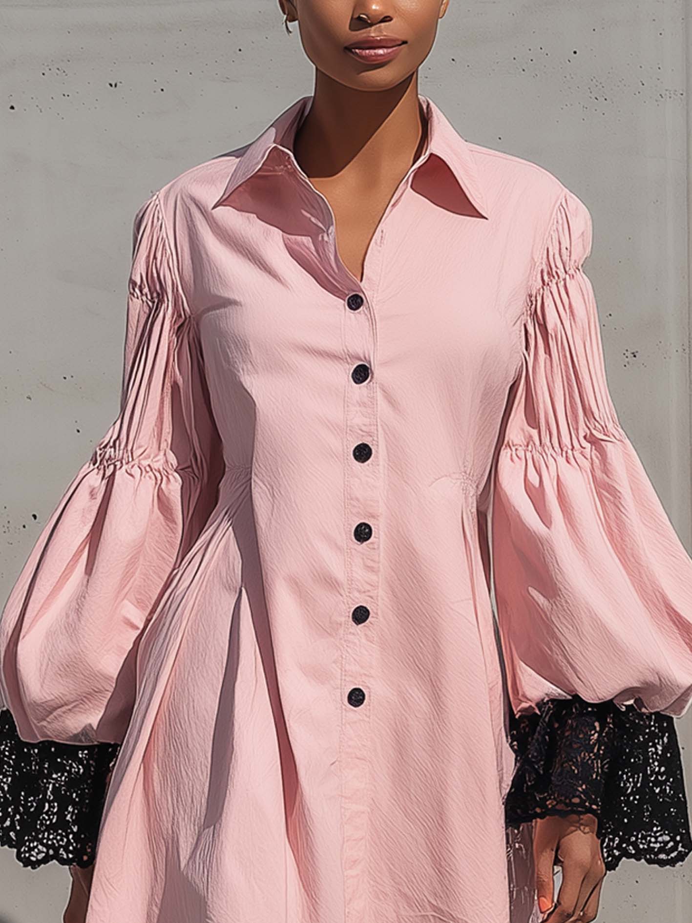 Pink Cotton-Linen Washed Mini Dress With Lace Cuff