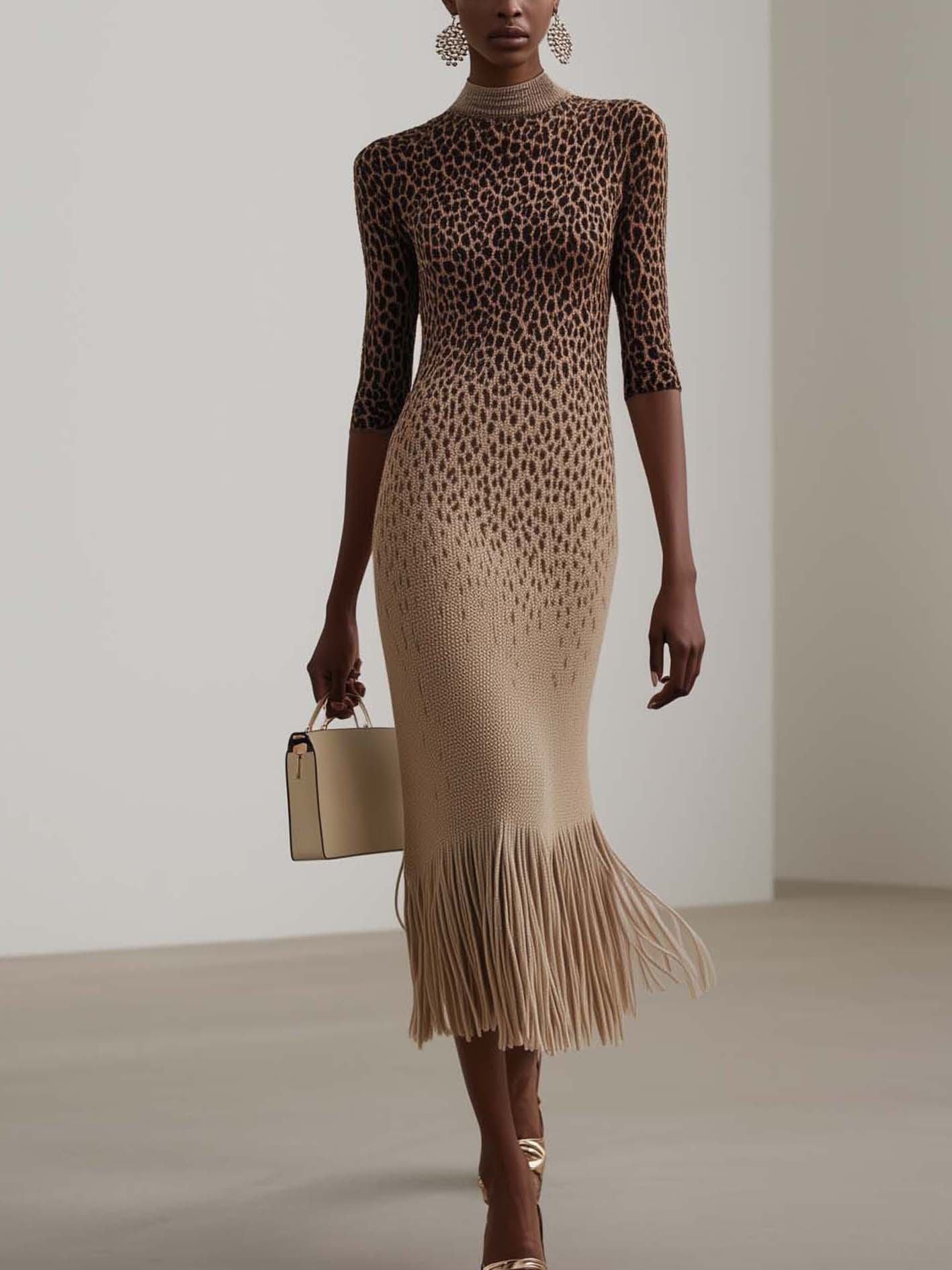 Oatmeal Knitted Midi Bodycon Dress With Leopard Print And Tassels