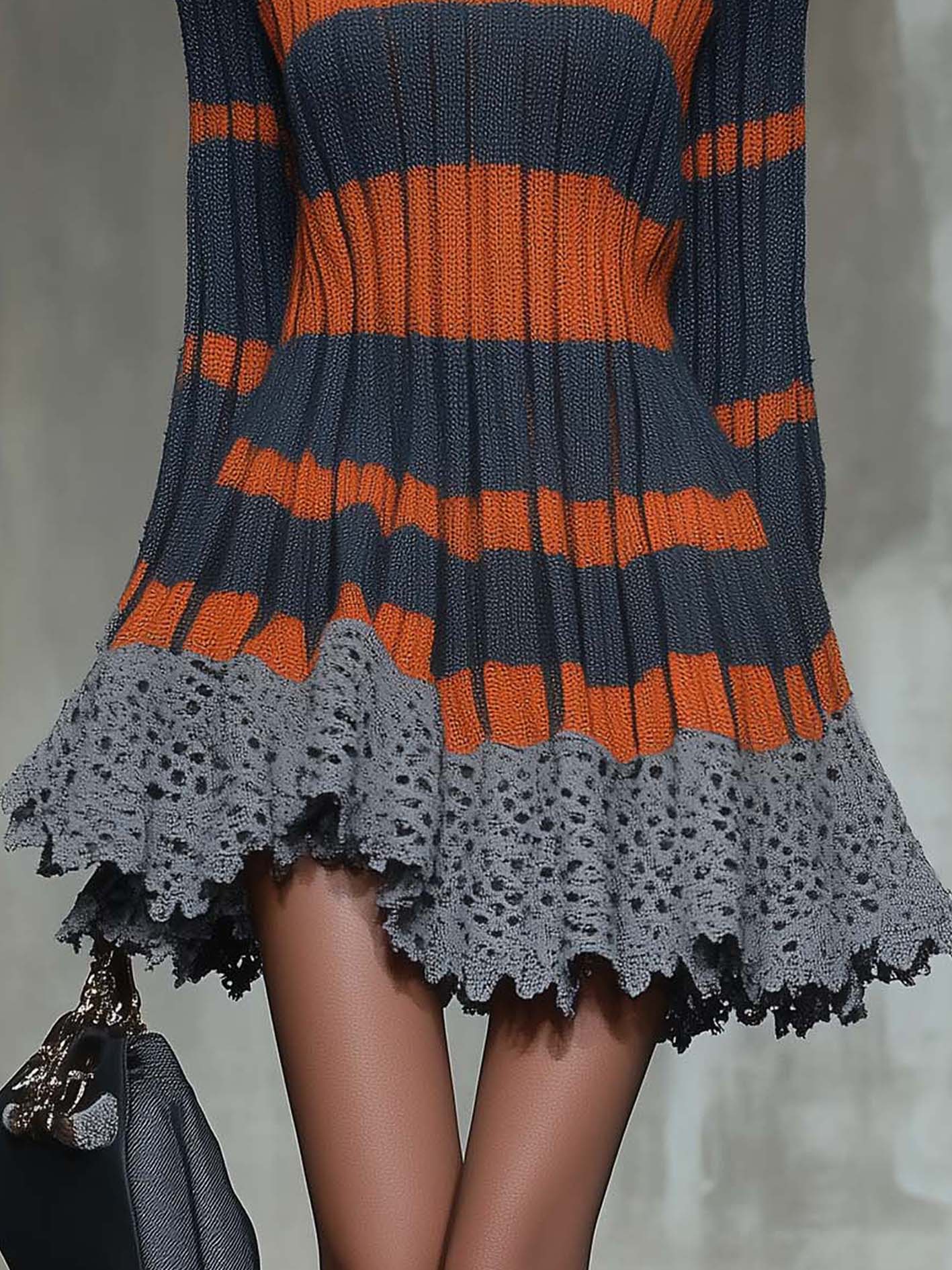 Gray Knitted Mini Dress With Lace And Orange Blocks