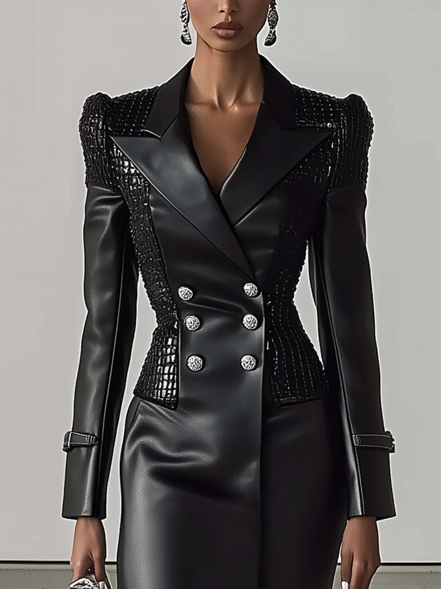 Double-breasted Black Mini Dress With Faux Leather Stitching