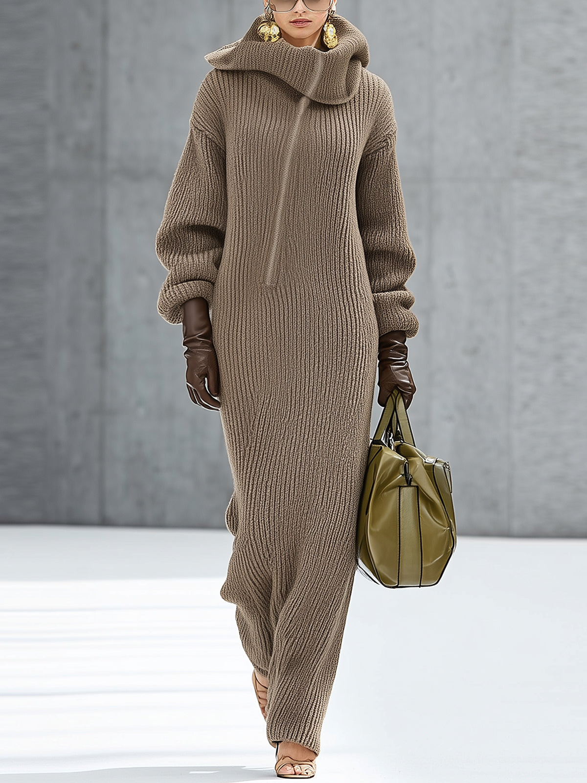 Taupe Asymmetrical Zippered Turtleneck Ribbed Knit Maxi Dress