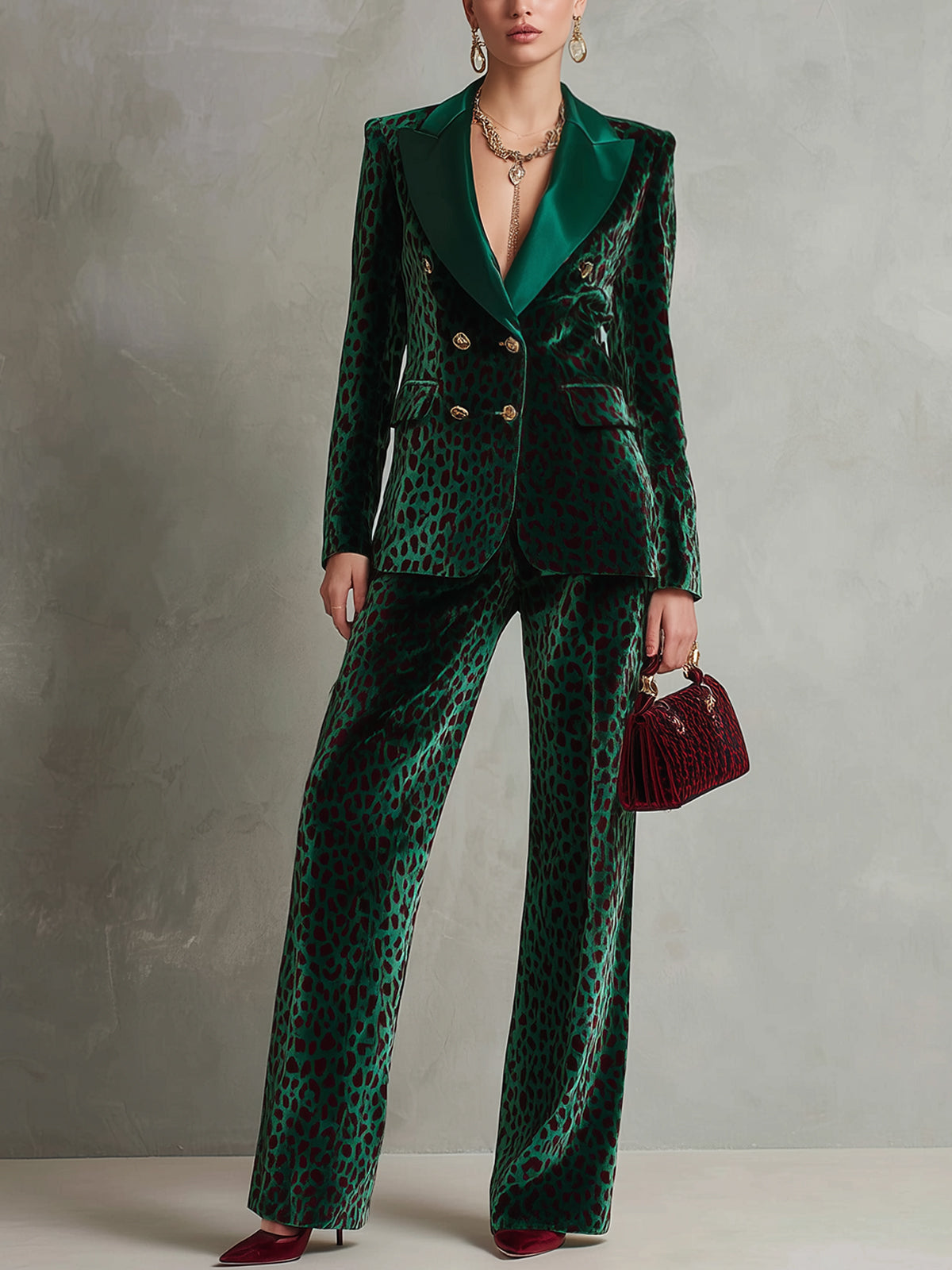 Emerald Velvet Leopard Print Double Breasted Gold Button Suit
