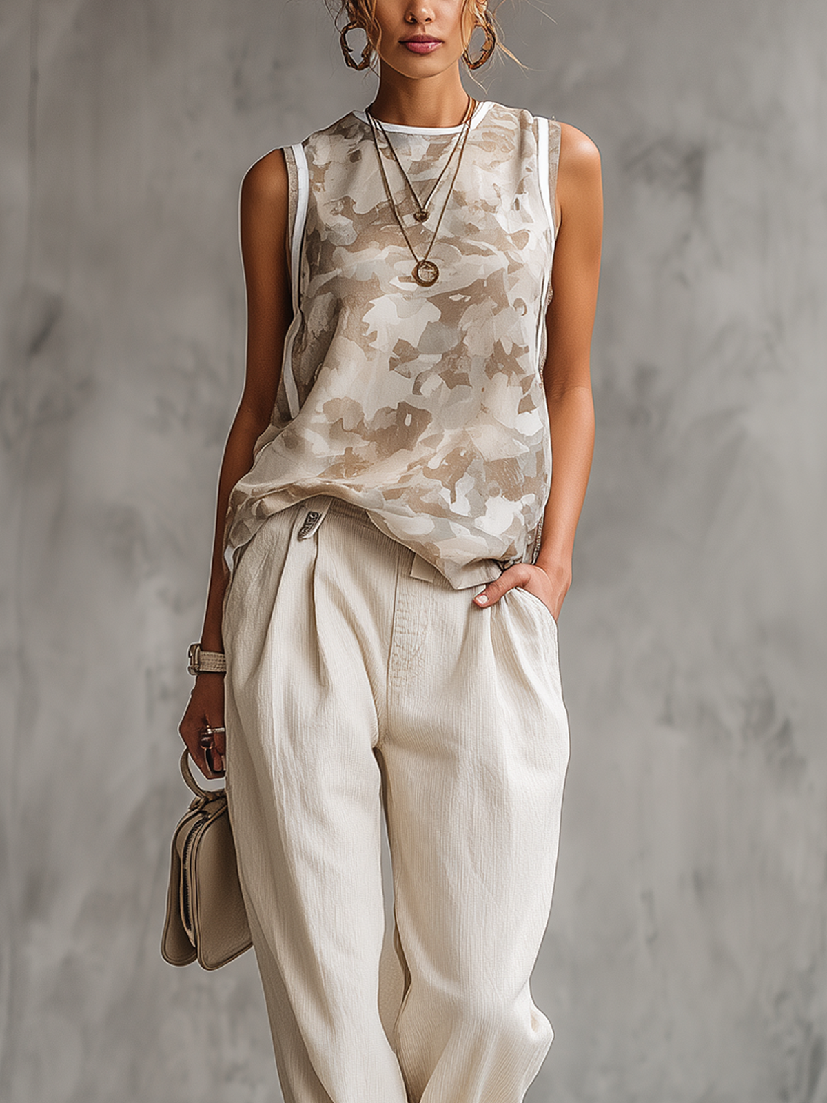 White Camouflage Sleeveless Top And Wide-Leg Trouser Set