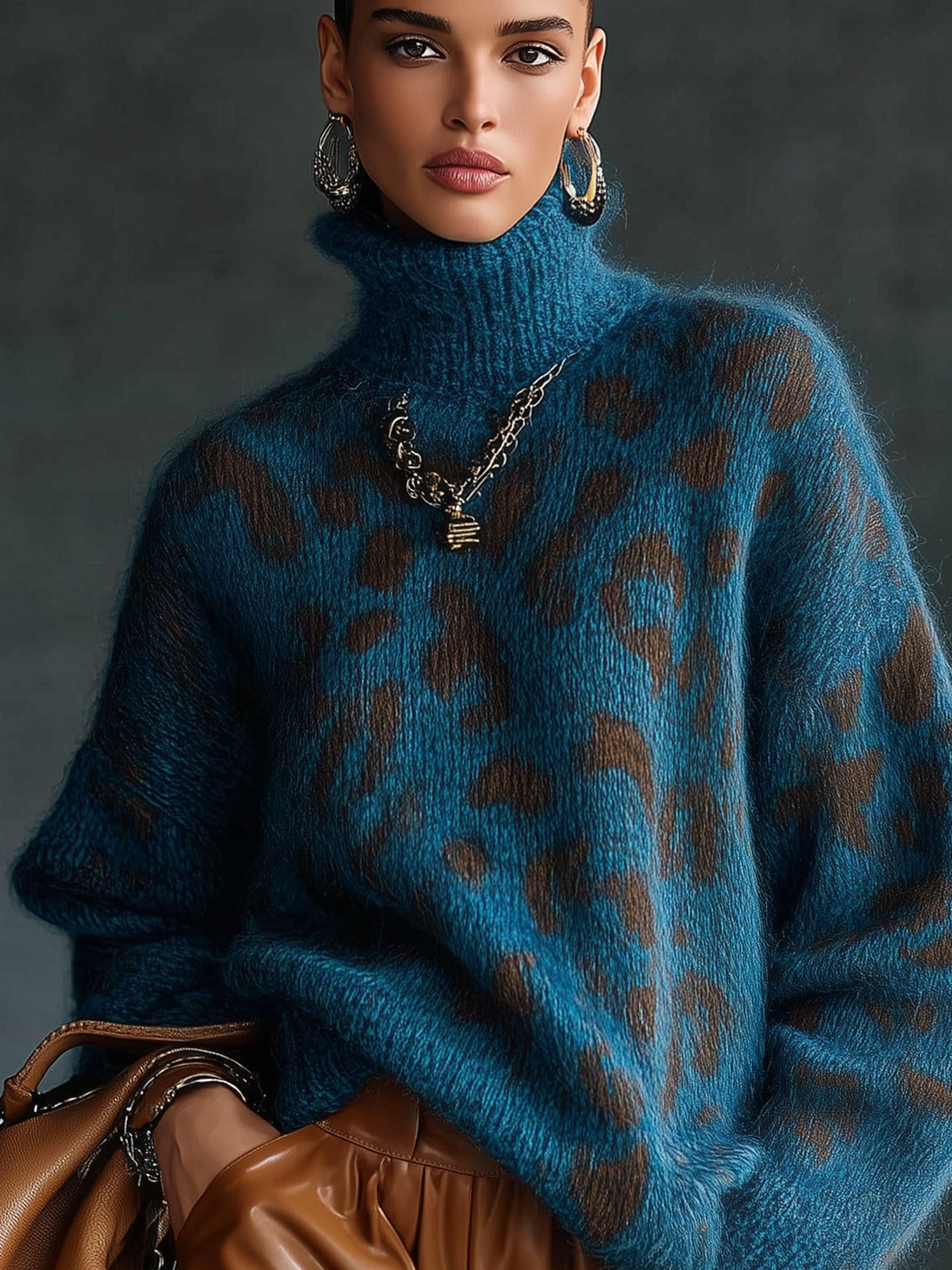 Teal Leopard  Print Mohair Turtleneck Loose Fit Sweater