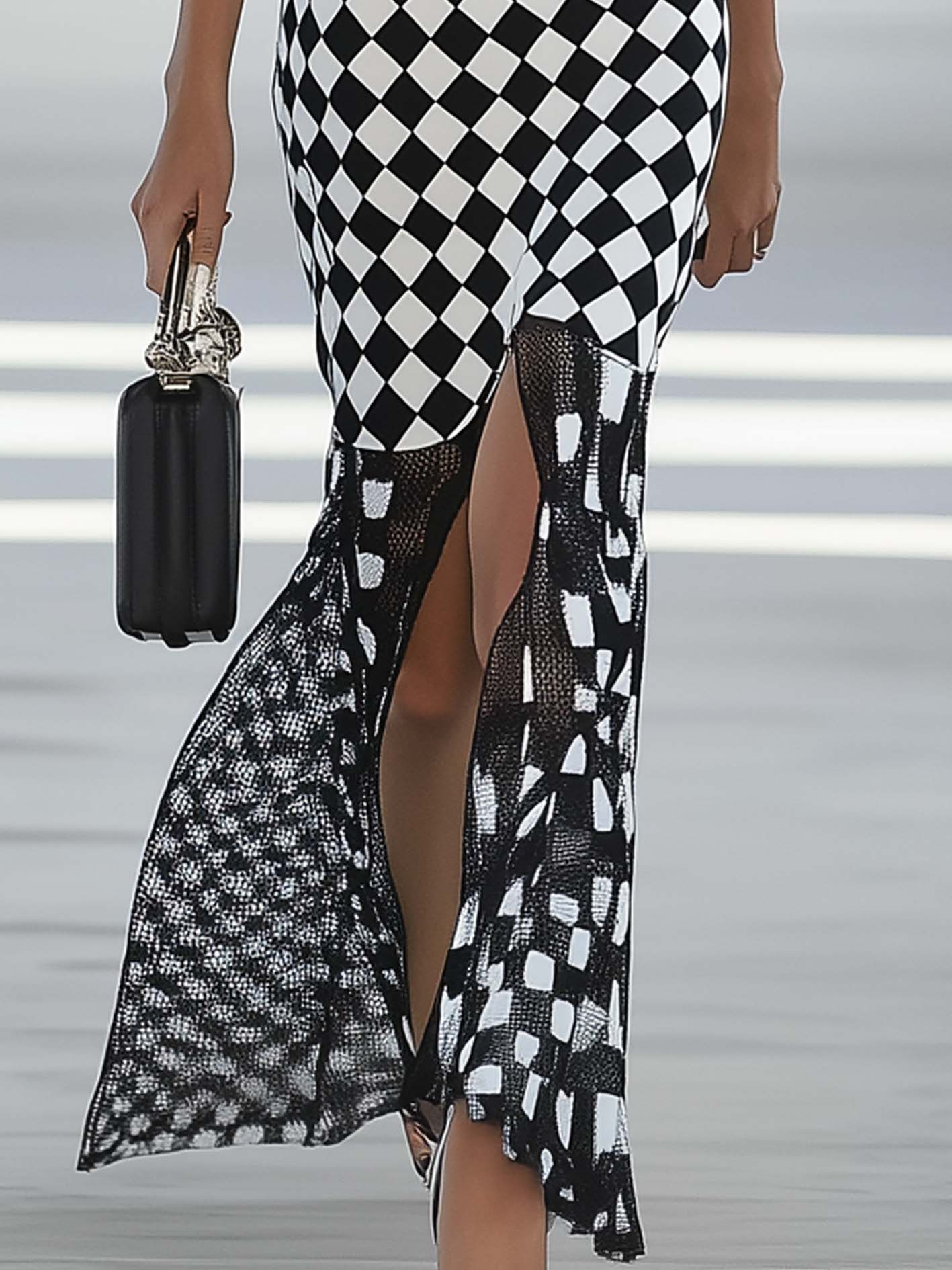 Black Maxi Dress With Check Print And Mesh Stitching
