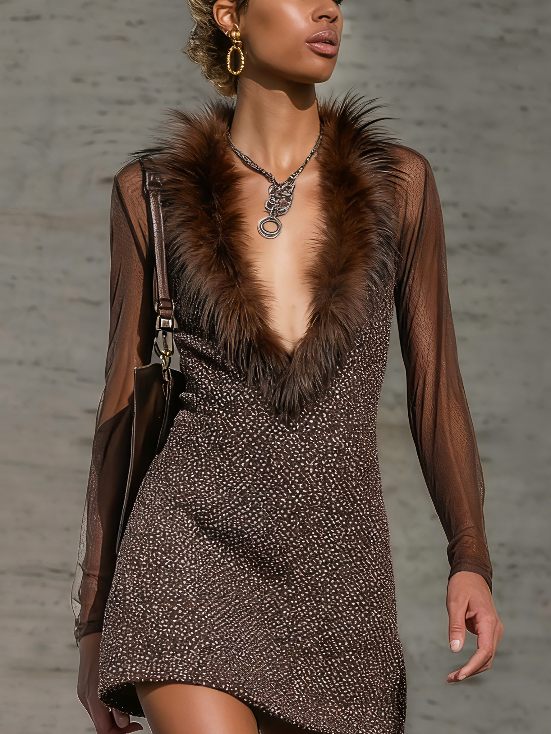 Brown Knitted Tulle Long-sleeved Mini Dress With Fur Collar