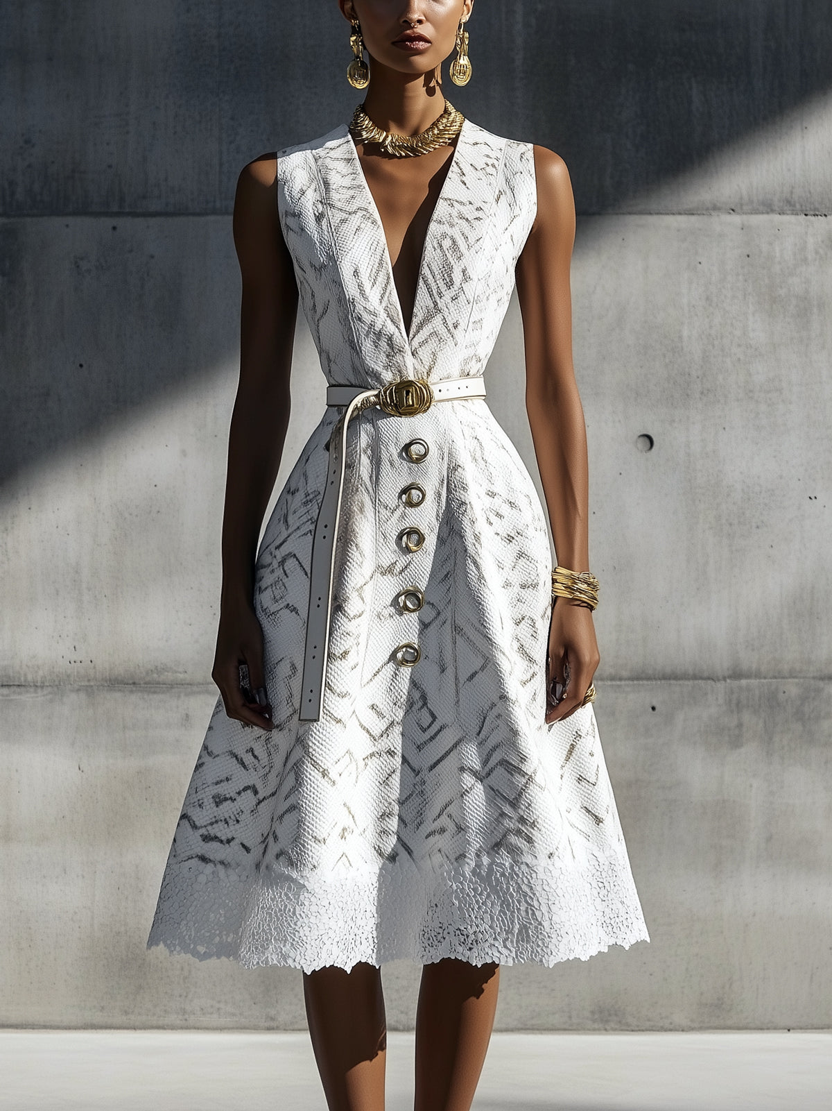 White Snakeskin Print V-Neck Sleeveless Midi Dress With Metal Buckles