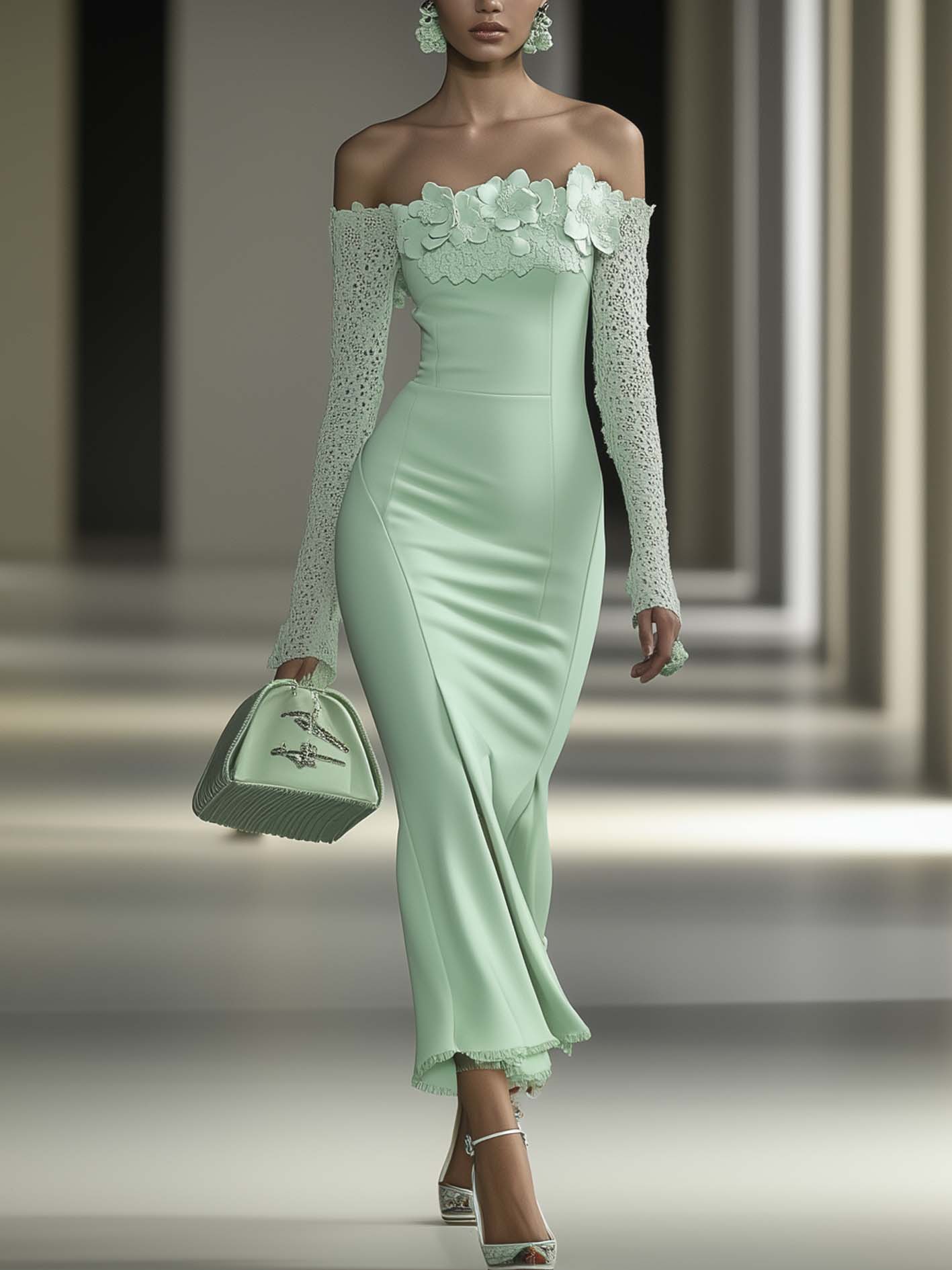 Off Shoulder Mint Green Midi Bodycon Dress With Floral Patchwork
