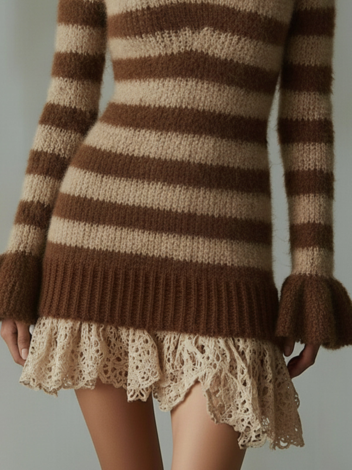 Brown Striped Knit Dress With Lace Ruffle Details