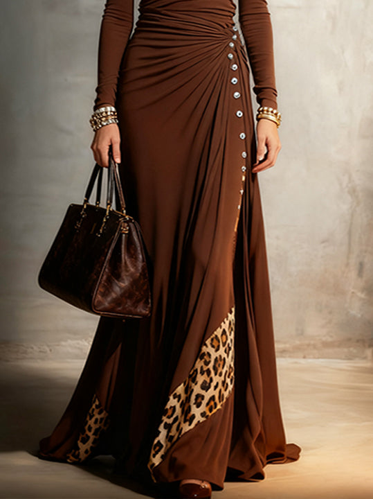 Chocolate Brown Maxi Dress With Ruched Detailing And Leopard Print Insets