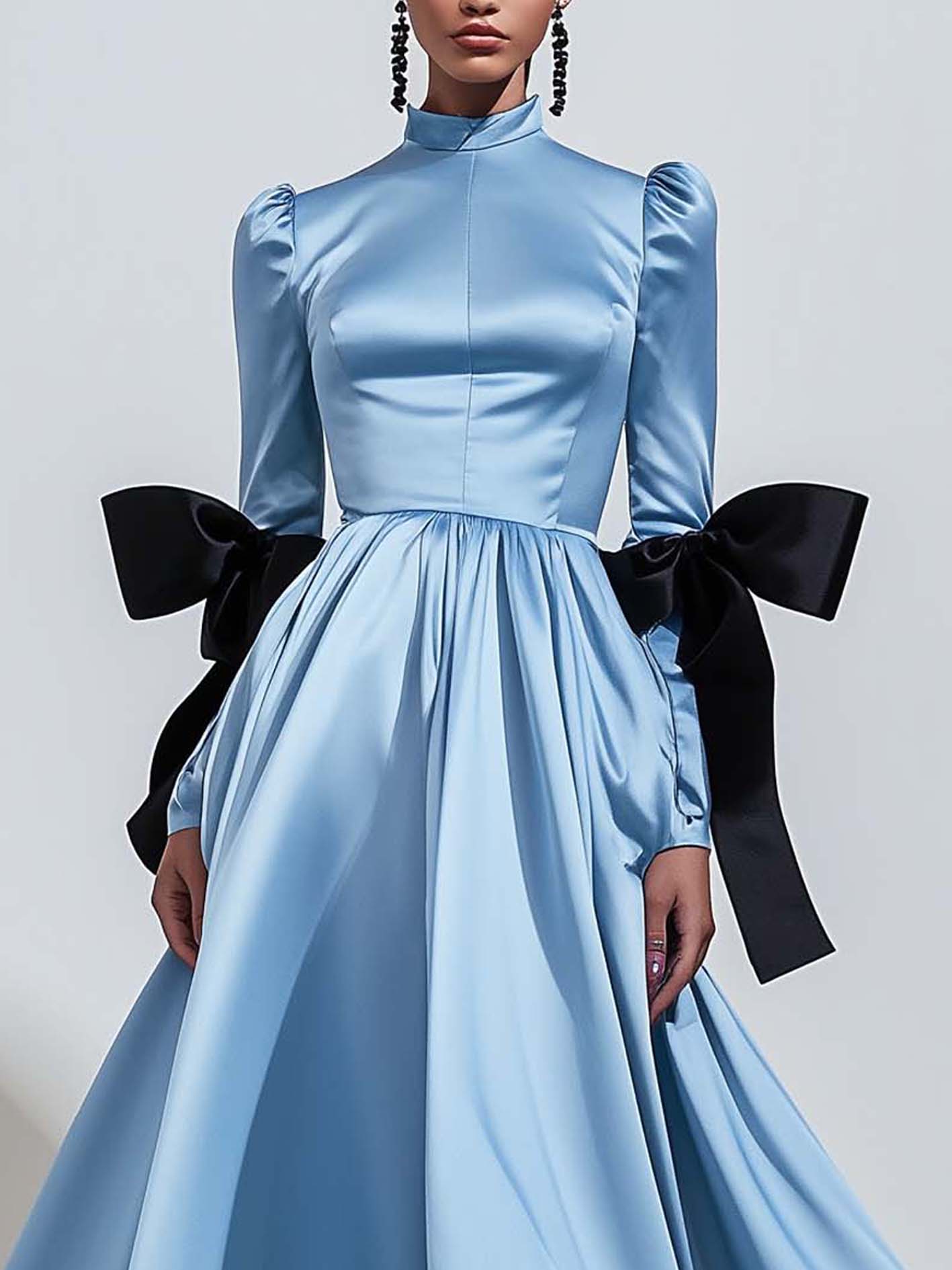 Light Blue Satin Maxi Dress With Black Bows On The Sleeves