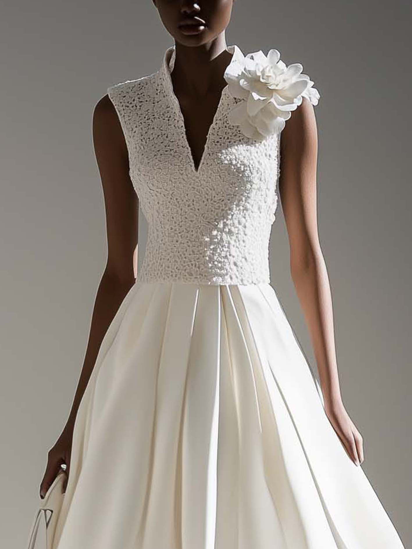 White Midi Dress With Lace And 3D Flowers