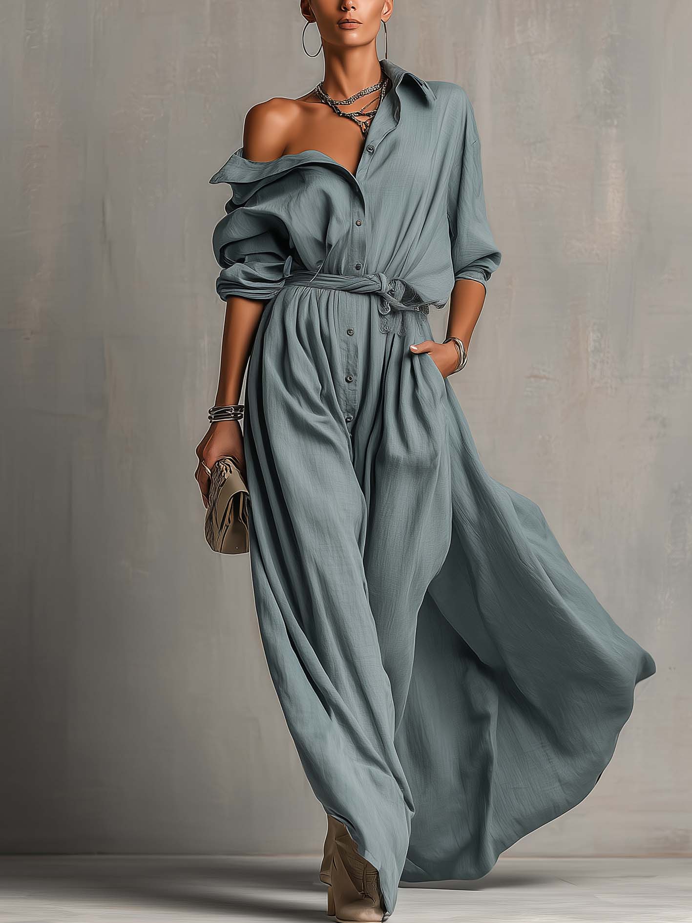 Blue Gray Cotton Linen Maxi Shirt Dress With Belt
