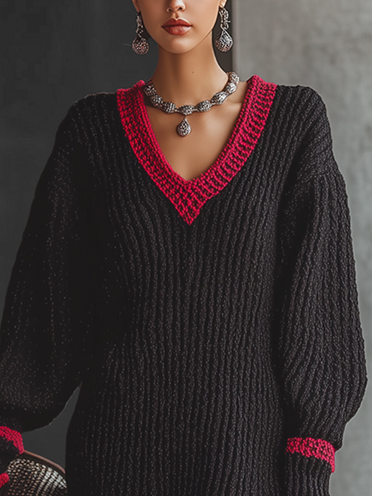 Black Knit V-Neck Dress With Red Trim