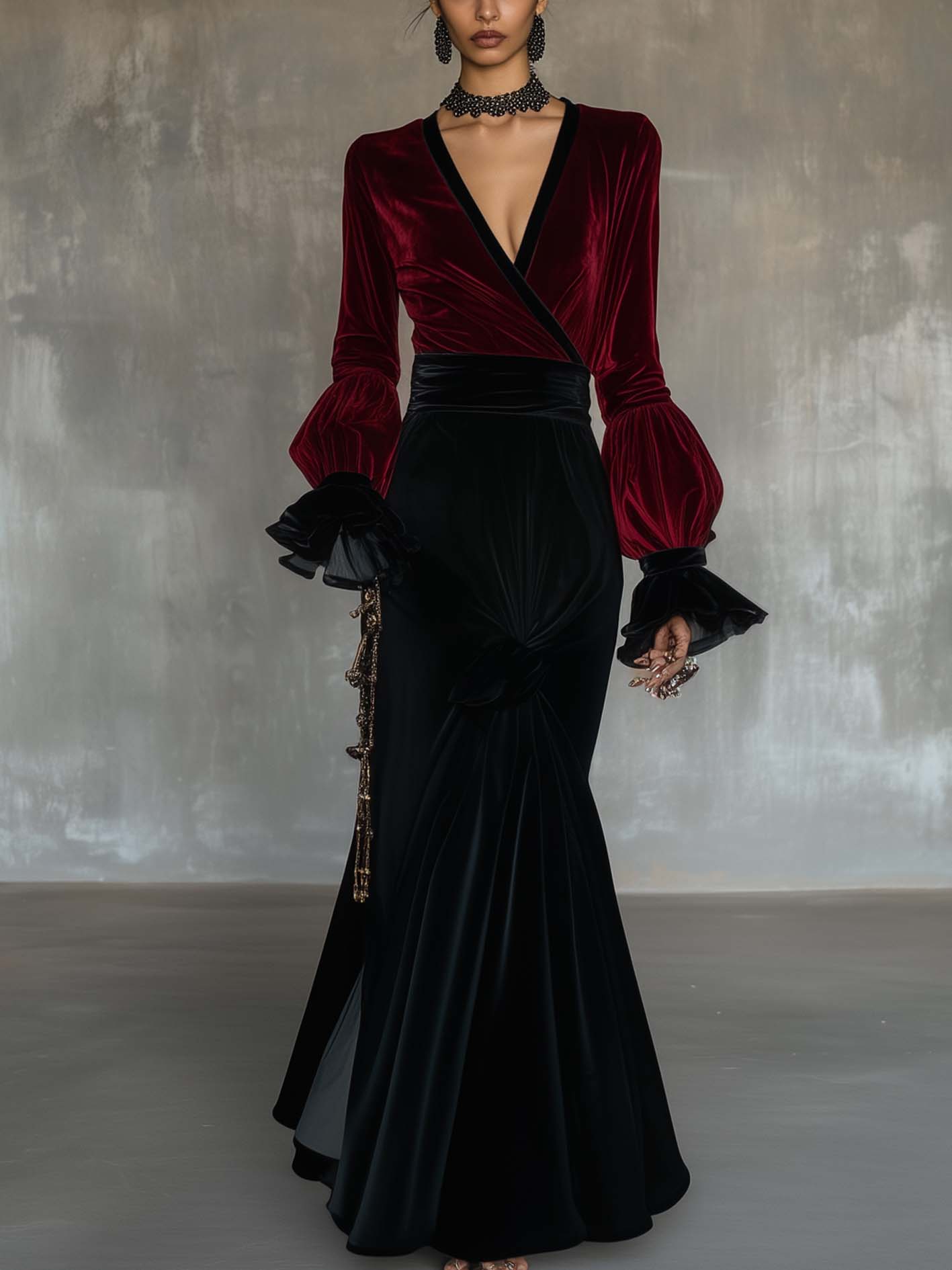 Black V-neck Velvet Maxi Dress With Red And Lace