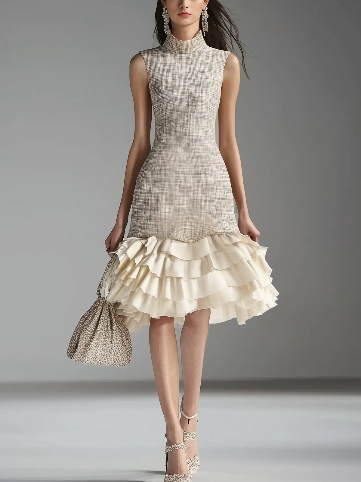 White Tweed Textured Ruffle Hem Turtleneck Sleeveless Knee Length Dress