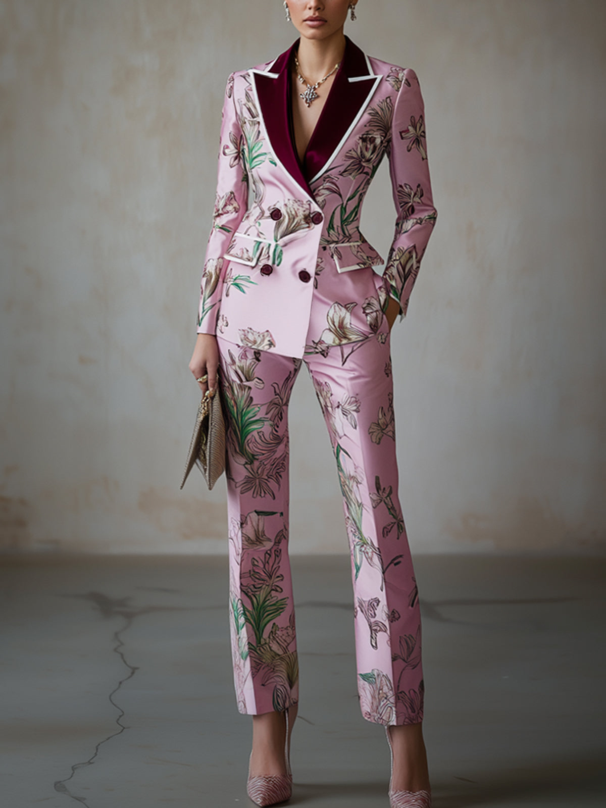 Blush Floral Print Satin Suit With White Trim