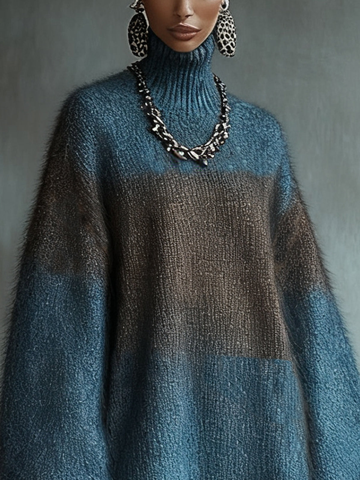 Blue Ombre Knit Turtleneck Dress With Balloon Sleeves